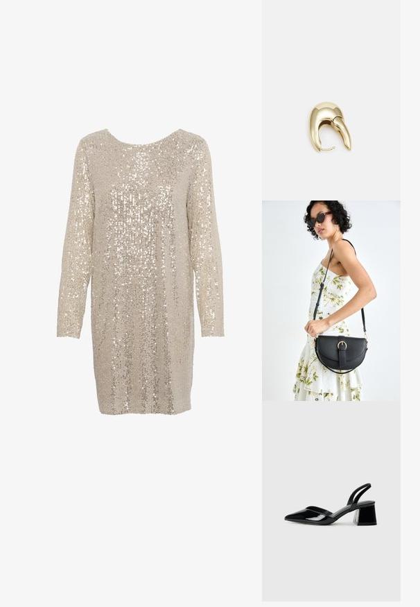 Robe pailletée en beige clair avec des manches longues et un col rond, présentant un motif texturé de paillettes brillantes et réfléchissantes sur l'ensemble.; Escarpins en cuir verni noir avec bout pointu et talon bloc géométrique. Présente un design élégant et minimaliste ainsi qu'une texture lisse.; Sac à main en cuir noir avec une forme courbée, bandoulière amovible et des accessoires en or. Le sac est doté d'un rabat avec un détail de boucle.; Boucle d'oreille en métal doré avec un design élégant et courbé. Présente une forme conique distinctive, une surface polie et une fermeture à charnière.