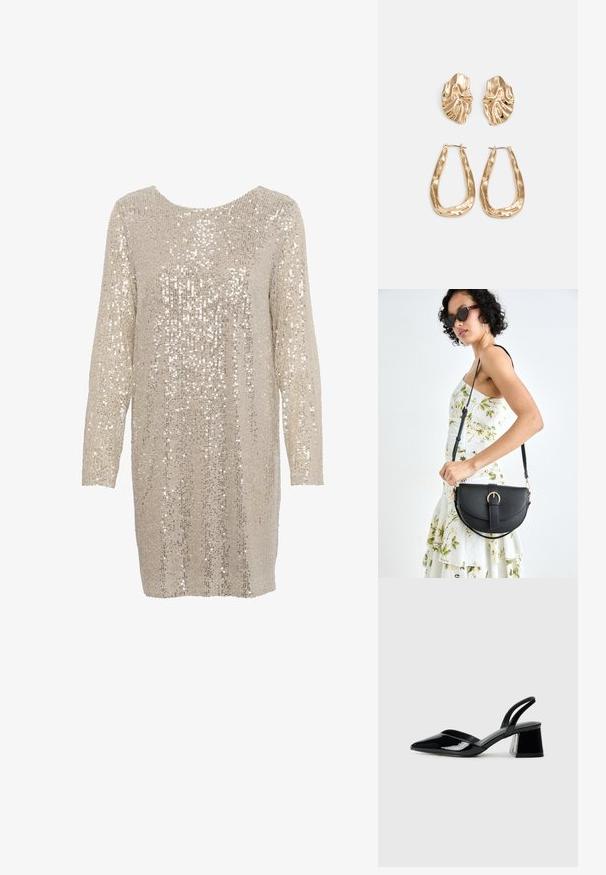 Robe pailletée en beige clair avec des manches longues et un col rond, présentant un motif texturé de paillettes brillantes et réfléchissantes sur l'ensemble.; Escarpins en cuir verni noir avec bout pointu et talon bloc géométrique. Présente un design élégant et minimaliste ainsi qu'une texture lisse.; Sac à main en cuir noir avec une forme courbée, bandoulière amovible et des accessoires en or. Le sac est doté d'un rabat avec un détail de boucle.; Boucles d'oreilles dorées présentant des formes texturées et ondulées. Comprend des clips sculpturaux et un design de créoles ouvertes avec une finition martelée.