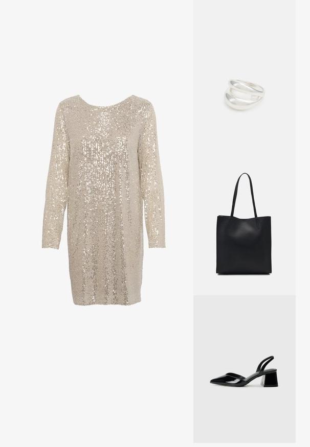 Kimalainen mekko vaaleassa beigeissä, pitkät hihat ja pyöreä pääntie, jossa on kirkkaiden, heijastavien paljettien teksturoitu kuvio.; Mustat patentoitu nahkakengät, joissa on säären takaosa ja terävä kärki, sekä geometrinen palikkakorko. Sisältää tyylikkään, minimalistisen muotoilun ja sileän pinnan.; Mustapahkainen kangaskassi, jossa on sileä pinta, suorakaiteen muotoinen ja kaksi pitkää kahvaa. Ei näkyvää metalliosaa tai koristeita.; Hopeinen kaksinkertainen rengas, jossa on sileä, kiillotettu pinta. Siinä on sulava, kaareva muotoilu, jossa on päällekkäisiä osia modernin ilmeen saavuttamiseksi.