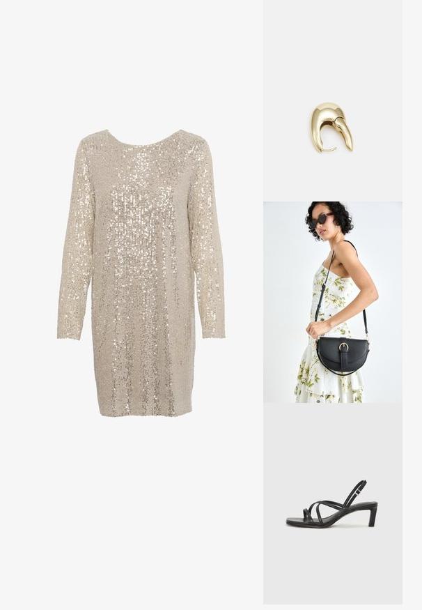 Švytintis suknelė šviesiai beveik balta spalva, ilgomis rankovėmis ir apvaliu iškirpimu, kuri turi tekstūrinį modelį su blizgiais, atspindinčiais sequin'ais visame paviršiuje.; Juodi šlepetės su kvadratiniu pirštu ir žemu bloku kulnu. Yra keli ploni dirželiai ir reguliuojamas kulkšnies diržas. Pagaminti iš lygios odos.; Juodas odinis krepšys su išlenkta forma, nuimamu dirželiu ir auksiniais detalėmis. Krepšys turi kilpą su sagtimi.; Aukso tono metalinės auskarai su stilingu, kreiviu dizainu. Išsiskiria ryškiu smailiu pavidalu, poliruota paviršiumi ir užsegimu su vyriu.