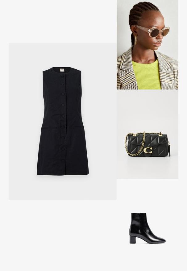 Kätistega must kleit, mis on valmistatud tekstuurilisest kangast, ümarate kaelustega, ees nööpidega ja kahe küljetaskuga.; Must have mustan säärikontsad, mis on valmistatud läikivast nahast, terava ninaga ja plokkplatvormiga. Disain on stiilne, minimaalse õmbluste ja aktsentidega.; Selged kassikujulised prillid pruuni läätsedega ja läbipaistvate raamidega. Mudel kannab roheline sooniktopi ja ruudulist bleiserit. Kuldne rõngas kõrvarõngad.; Mustad kootud nahast käsitasku, millel on kuldne ahelaga rihm ja klambri sulgemine, millel on ringikujuline aksessuaar. Kompaktne ristkülikukujuline kuju.; Kuldtooni metallist kõrvarõngas, millel on elegantne ja kaarjas disain. Omab silmapaistvat teravat kuju, poleeritud pinda ja hingesulgemist.