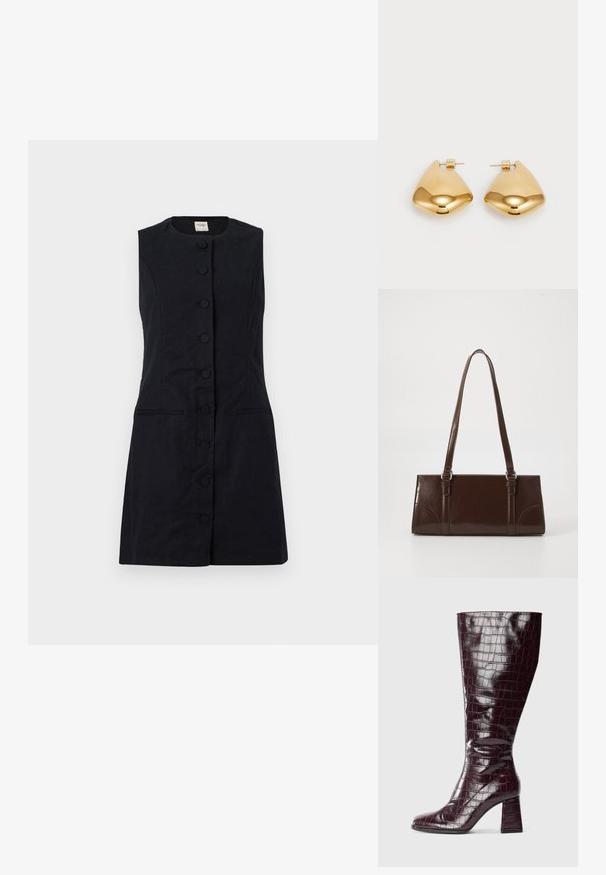 Kätistega must kleit, mis on valmistatud tekstuurilisest kangast, ümarate kaelustega, ees nööpidega ja kahe küljetaskuga.; Tume burgundi värvi kuni põlveni ulatuv saabas, millel on krokodilli tekstuur ja plokk-konts, valgel taustal, kuvand külgvaates.; Pruun läikiv naha käekott, millel on ristkülikuline kuju, kaks pikka käepidet ja esipaneelil peened kõverad aktsendid.; Kuldtoon metall kõrvarõngad, millel on sile, ümar kolmnurkne kuju ja tagaküljel olev kinnitamine; peeglilaadne pinda, millel on minimaalne detailide hulk.