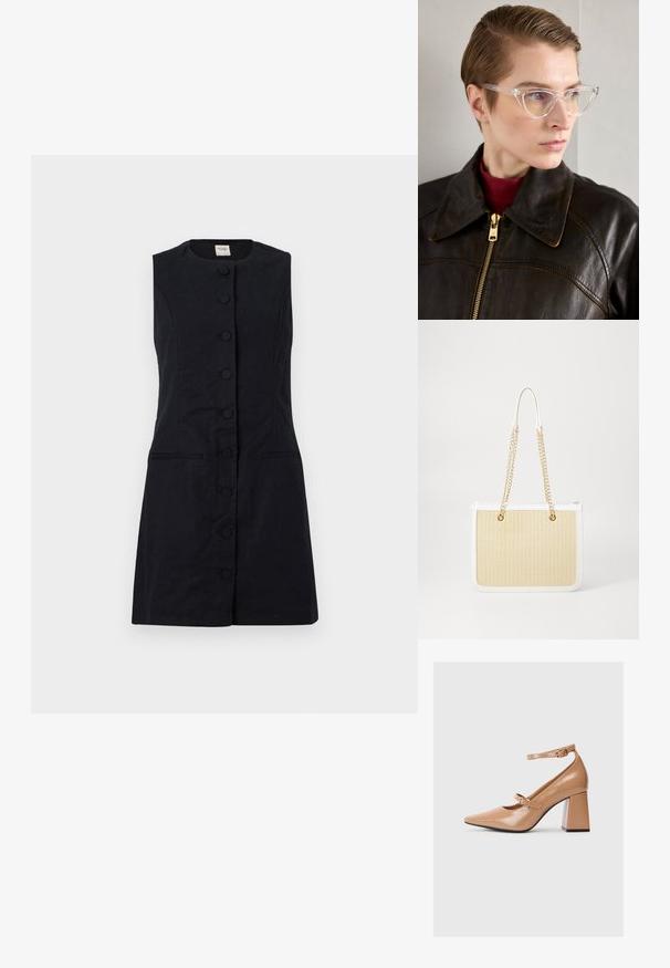 Rochie neagră fără mâneci, confecționată dintr-un material texturat, cu decolteu rotund, butoni frontali și două buzunare laterale.; Pantofi cu toc înalt din piele patent bej, cu vârf ascuțit, curea la gleznă și toc pătrat gros. Textură netedă cu finisaj lucios.; Ochelari cat-eye din acetat transparent, cu lentile galbene, purtați de o persoană într-o jachetă din piele neagră și un pulover roșu. Textură netedă.; Geantă de umăr din paie împletită bej, cu detalii din piele albă, mânere duale din lanț auriu și o formă rectangulară. Suprafața are un model texturat.