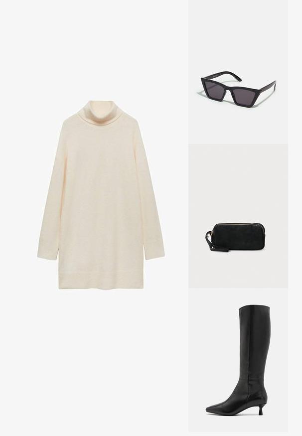 Maglione a collo alto color crema, maniche lunghe, texture morbida, vestibilità leggermente ampia, orlo curvo, senza motivi o dettagli. Il tessuto appare leggero.; Zign Stivali alti - black; Occhiali da sole neri e angolari con lenti grigie; realizzati in plastica, con aste spesse dalla superficie liscia e senza hardware visibile.; Borsa a pochette nera in suede con chiusura a zip e tracolla rimovibile. Presenta hardware in tonalità oro e una texture liscia e opaca.