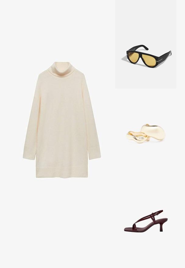 Cremfarbener Rollkragenpullover, lange Ärmel, weiche Textur, leicht lockere Passform, abgerundeter Saum, ohne Muster oder Akzente. Der Stoff wirkt leicht.; Burgunderfarbene High-Heel-Sandalen mit quadratischer Zehenform, schmalen Riemen und einem Knöchelverschluss. Glatte Lederstruktur und ein schlanker, Blockabsatz.; Schwarze Sonnenbrille mit geometrischem Rahmen, gelben Gläsern und goldenen Akzenten an den Bügeln. Glatte Oberfläche, breiter Schnitt, zeitgemäßes Design.; Goldfarbene Ohrringe mit einer organischen, bohnenähnlichen Form und glatter, reflektierender Oberfläche; verfügen über ein minimalistisches Design ohne sichtbare Hardware.