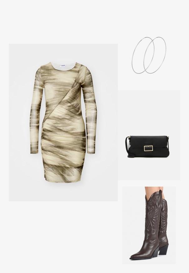 Garais piedurkņu kleita, izgatavota no teksturēta auduma, ar beidzīgu un zaļu abstraktu rakstu, pieguļošs siluets un asimetrisks dizains.; Brūni ādas kovboju zābaki ar norādītu purngalu un blokveida papēdi, ar detalizētu šūšanu un paceltiem akcentiem uz kājas daļas.; Melnas ādas saķeres soma ar atloku un zelta metāla sprādzi. Ietver melnu siksnu un elegantu, minimālistisku dizainu.; Sudraba gredzenveida auskari ar minimālistisku dizainu. Cirkulāra forma, gluda tekstūra un plāns profils. Vieglu svaru ar spīdīgu apdari.