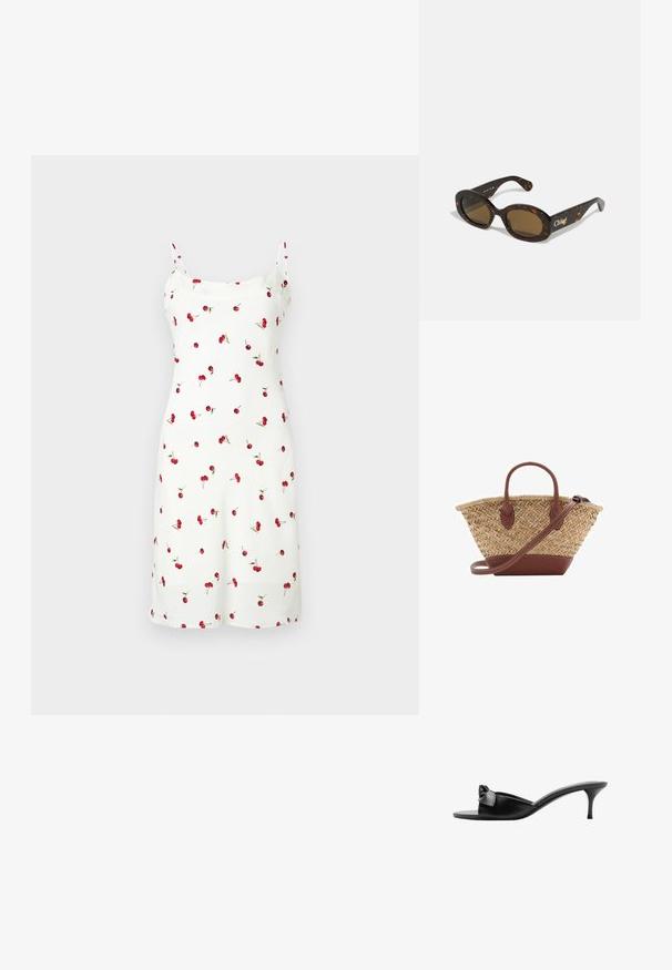Weißes Kleid mit Kirschmuster, dünnen Trägern und knielanger Schnittform. Hergestellt aus weichem, glattem Stoff. Einfaches Design und Muster.; Schwarze Leder-Pantoletten ohne Ferse mit einer Schleifenakzentuierung, offener Zehenpartie und einem schlanken, hohen Absatz. Glatte Textur und minimalistisches Design.; Schildpatt-Sonnenbrille mit ovalen Fassungen, braunen getönten Gläsern und "Chloé"-Markierung am Bügel. Glattes Kunststoffmaterial mit glänzender Oberfläche.; Geflochtene Strohtasche mit braunen Lederakzenten, zwei Griffen und einem abnehmbaren Gurt. Kurvenform mit einem stabilen Boden.