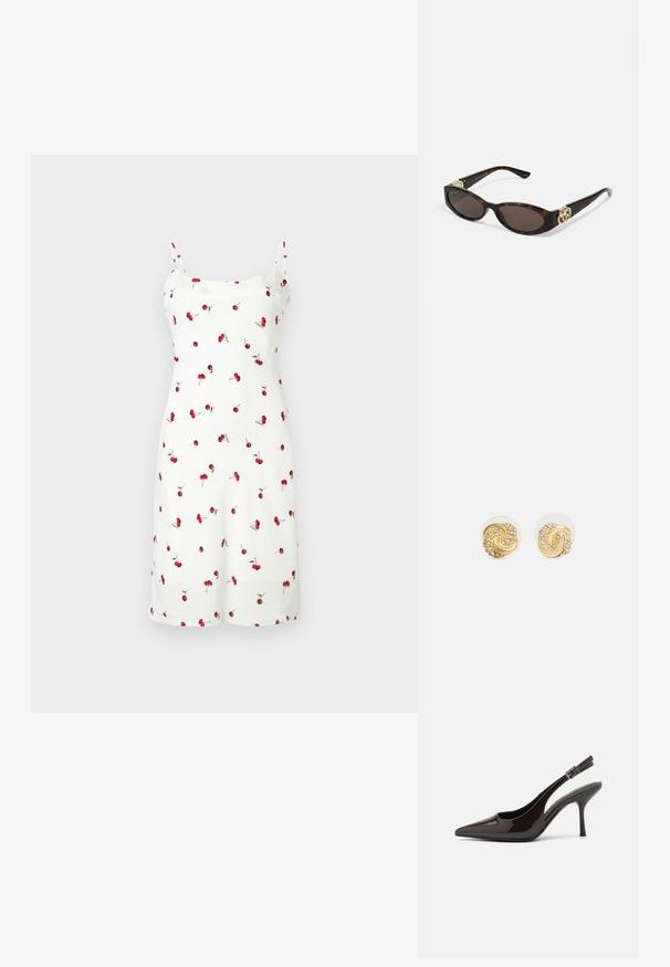 Valge kleit kirsiprindiga, õhukeste rihmade ja põlvekõrgusega lõikega. Valmistatud pehmest ja siledast kangast. Lihtne disain ja muster.; Kare kõrge kontsaga king, läikiv tumepruun lakknahast, terava nina, avatud külgedega ja reguleeritava pahkluuringiga.; Kilpkonnakilbi stiilis prillid piklik-ovaalsete läätsede, pruunika tooniga, kuldsete logo aktsentidega templitel ja elegantsed mustad varred.; Kuldne spiraalidega kõrvarõngad selgete tagustega, mis sisaldavad tekstureeritud kuldseid aktsente ja väikeseid selgeid vääriskive disainis.