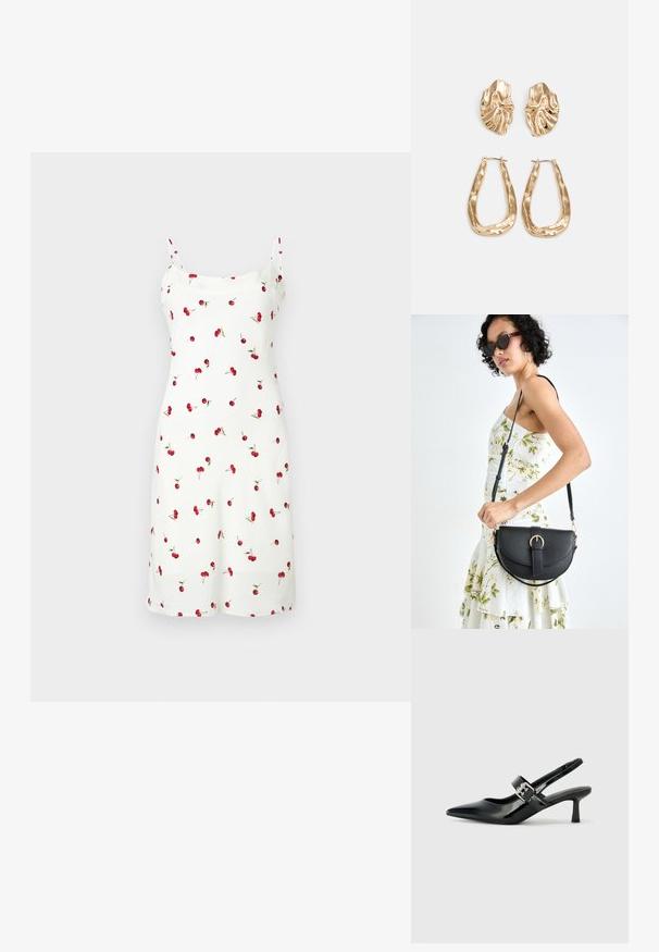 Vestido blanco con estampado de cerezas, con tirantes finos y corte a la altura de la rodilla. Confeccionado en una tela suave y lisa. Diseño y patrón sencillos.; Zapatos de tacón en charol negro con tira al tobillo, punta afilada y un pequeño tacón bloque, que cuentan con un acento de hebilla plateada en la correa.; Bolso de piel negra con forma curva, correa desmontable y herrajes dorados. El bolso cuenta con una solapa con un detalle de hebilla.; Pendientes en tono dorado que presentan formas texturizadas y onduladas. Incluyen aros de clip esculturales y un diseño de aro abierto con un acabado martillado.