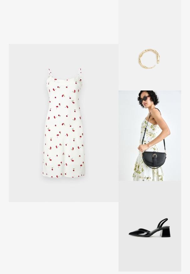 Bijela haljina s uzorkom trešnje, s tankim naramenicama i krojem do koljena. Napravljena od mekog, glatkog materijala. Jednostavan dizajn i uzorak.; Crne lakirane kožne sandale s otvorenom petom i špicastim vrhom, s geometrijskom blok petom. Imaju elegantan, minimalistički dizajn i glatku teksturu.; Crna kožna torba s lukovitim oblikom, odvojivim remenom i zlatnim detaljima. Torba ima preklop s kopčom.; Prsten u zlatnoj nijansi s organskim, uvijenim dizajnom, glatkom teksturom i suženim krajevima, koji stvara moderan, skulpturalni izgled.