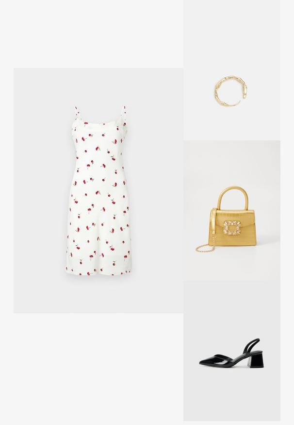 Baltas suknelė su vyšnių raštu, plonais petnešomis ir iki kelių ilgio. Pagaminta iš minkštos, lygios medžiagos. Paprastas dizainas ir raštas.; Juodos lakuotos odinės šlepetės su smailiu pirštu ir geometriniu bloko kulnu. Turi elegantišką, minimalistinį dizainą ir lygų paviršių.; Geltonas dirbtinės krokodilo odos rankinukas su standžiu dizainu, viršutine rankena, nuimamu grandininiu dirželiu ir dekoratyviniu krištolo papuošimu ant užsegimo.; Auksinės spalvos žiedas, turintis organišką, sukimosi dizainą su lygiu paviršiumi ir siaurėjančiais galais, sukuriantis modernią skulptūrinę išvaizdą.