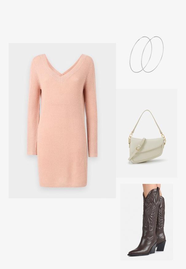 Pulover obleka z dolgimi rokavi v svetlo roza barvi, z globokim V-izrezom, rebrasto teksturo in ohlapnim krojem, izdelana iz mehkega pletenega materiala.; Rjave usnjene kavbojske čevlje z ostrim nosom in blok peto, ki vsebujejo podrobno šivanje in dvignjene dodatke na zgornjem delu.; Mala kremna torbica z teksturiranim zaključkom, dolgim nastavljivim trakom, verižnim poudarkom in zapiranjem na poklop. Detajli iz zlatega kovinskega materiala.; Srebrne uhane v obliki obroča z minimalističnim dizajnom. Krožna oblika, gladka tekstura in tanek profil. Lahki s poliranim zaključkom.