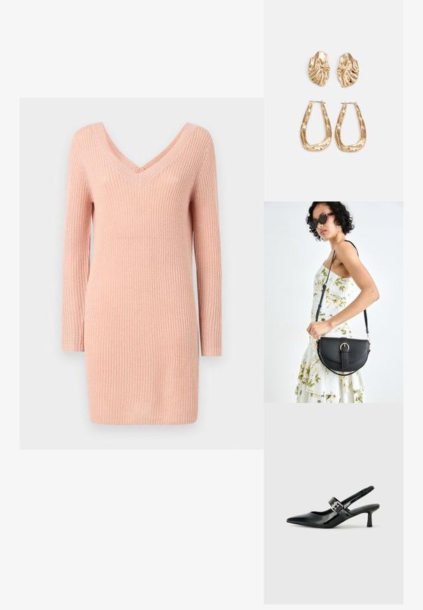 Hosszú ujjú pulóverruha világos rózsaszínben, mély V-kivágással, bordázott textúrával és laza fazonban, puha kötött anyagból készült.; Fekete lakkbőr slingback sarkú cipők hegyes orral és kis blokk talppal, ezüst csat díszítéssel a pánton.; Fekete bőrtáska ívelt formával, levehető pánttal és arany színű fémrészekkel. A táskán egy csattal díszített fedél található.; Aranyszínű fülbevalók, texturált, hullámos formákkal. Tartalmazza a szobrászati klipszes studokat és az open hoop kialakítást, kalapácsos felülettel.