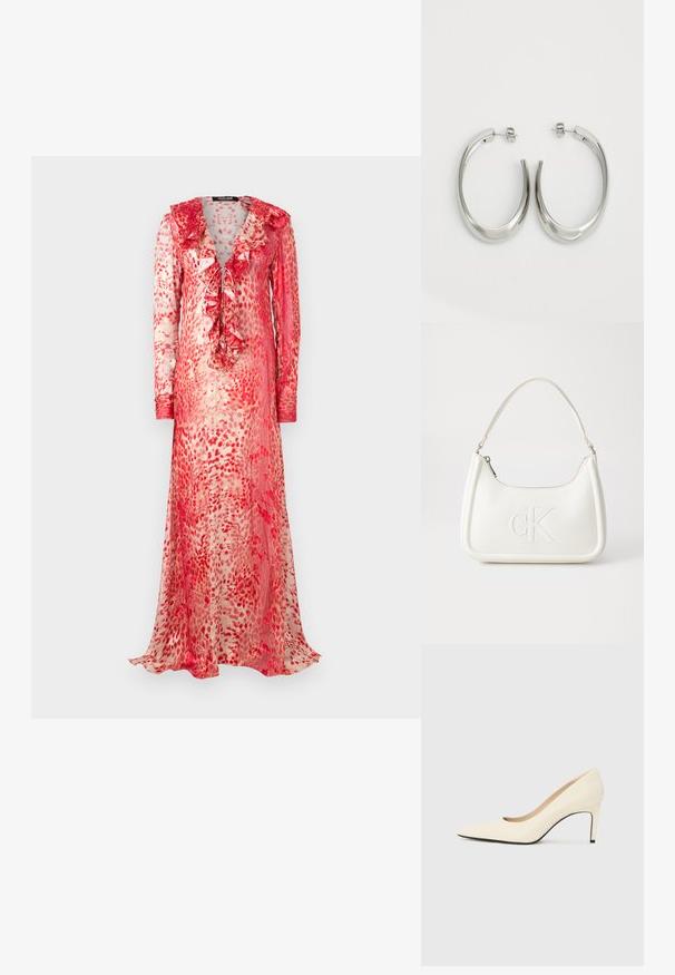 Garšs, caurspīdīgs kleitas modelis ar ruchetu apkakli sarkanu un krēmīgu abstraktu rakstu. Tam ir garas piedurknes un sasiešanas detaļa priekšā.; Balti ādas augstpapēžu kurpes ar smailu purngalu, gludu tekstūru un melnu zoli. Klasisks dizains ar vidēju papēža augstumu.; Balta ādas rokassoma ar noapaļotu formu, uz kuras priekšpuses ir izgriezts "CK" logo un viena plecu siksna. Augšā aizverama ar rāvējslēdzēju.; Sudraba riņķveida auskari ar gludu, izliekta dizaina formu. Iezīmējas ar spīdīgu metāla apdari un pievienojamu aizdari. Nav redzamu rakstu vai akcentu.