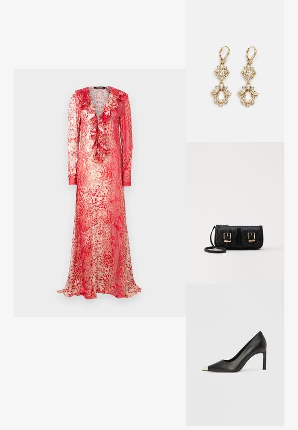 Lång, genomskinlig klänning med volangknäppning i ett rött och krämfärgat abstrakt mönster. Har långa ärmar och en knyt-detalj framtill.; Svart skinnsko med hög klack, spetsig tå och metallisk silverhätta. Har en slät yta och en smal klack på 10 cm.; Svart läderaxelväska med två framfickor, guldspännen, dragkedjestängning och en smal rem. Texturerad yta och kompakt rektangulär form.; Guldtonade hängeörhängen med klusterdesign som har rund och droppformad klara kristaller, med intrikata detaljer.