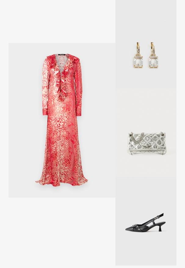 Rochie lungă, transparentă, cu decolteu voluminos în model abstract roșu și crem. Dispune de mâneci lungi și un detaliu cu fundă în față.; Pantofii slingback din piele neagră, cu vârful ascuțit, curele decorative cu ochiuri din metal și toc bloc mic. Suprafață texturată.; Geantă de umăr argintie din metal, cu mânere din lanț, textură matlasată, cusături decorative și închidere cu fermoar. Are accente embossate pe față.; Cercei aurii care prezintă un cristal clar, rectangular, suspendat sub un rând de accente mici, rotunde, clare. Design elegant și modern.
