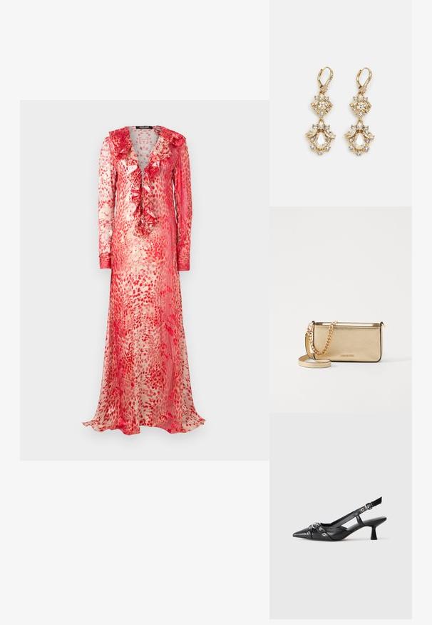 Pikk, läbipaistev kleit volangkaelusega, millel on punane ja kreemjas abstraktne muster. Omab pikki varrukaid ja sidumist esiosas.; Must must have must toote tõmblukuga, dekoratiivsed rihmad metallist silmadega ja madal blokk-kand. Tekstureeritud pind.; Metalliseeritud kullast nahkklamber, millel on tekstiilfiniš, kuldne ketstrap ja eemaldatav õlavarre rihm. Brändi logo on sisse pressitud.; Kuldtooniga ripatsiga kõrvarõngad, mis esitlevad klastridisaini, millel on ümmargused ja tilgasjad selgelt kristallid, näidates keerukat detaili.