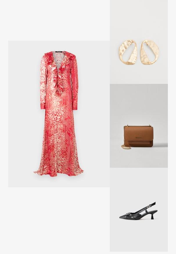 Long, sheer dress with a ruffled neckline in red and cream abstract pattern. Features long sleeves and a tie detail at the front.; Black leather slingback shoe with a pointed toe, decorative straps featuring metal eyelets, and a low block heel. Textured surface.; Brown textured leather crossbody bag with gold chain strap and flap closure. Front features logo detail and a pocket under the flap.; Pair of irregular oval-shaped gold-toned metal earrings with a textured, slightly hammered surface on a white background.