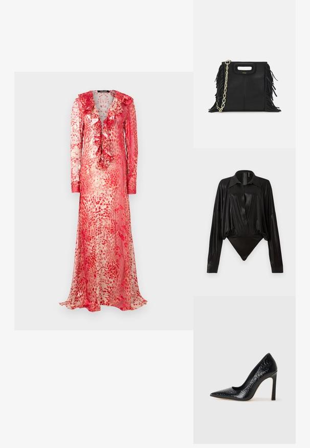 Hosszú, áttetsző ruha fodros dekoltázzsal piros és krémszínű absztrakt mintázattal. Hosszú ujjak és elöl megkötős rész jellemzi.; Fekete egyrészes ruházat hosszú ujjakkal, V-kivágással és testhez simuló fazonnal. Fényes, sima anyagból készült, strukturált gallérral és mandzsettákkal.; Fekete hegyes orrú magassarkú cipő krokodilbőr textúrával, letisztult dizájnnal, magas tűsarkú és sima fekete belső résszel.; Fekete bőr kézitáska, frufrus részletekkel, arany láncos vállpánttal és kivágott fogantyúval. Az elülső részen logó található.