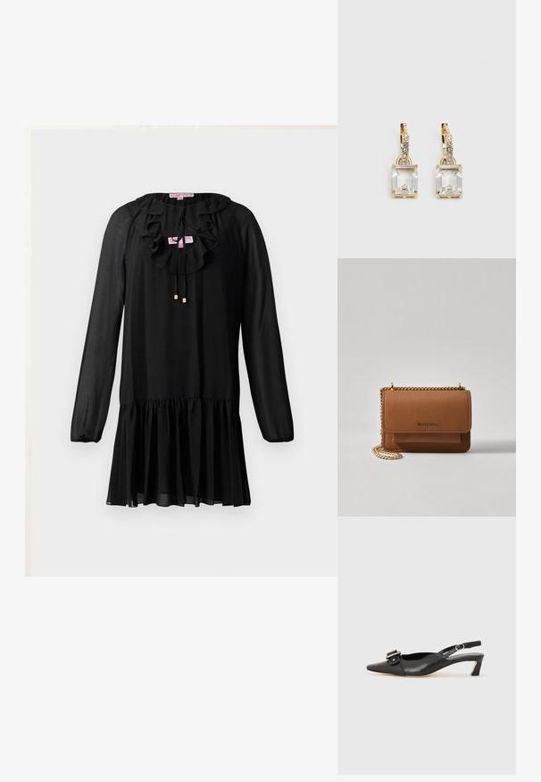Juoda suknelė su ilgomis rankovėmis, volaniniu apykakle, surišimu ir plačiu sijonu. Pagaminta iš lengvos medžiagos su minkštu tekstūru.; Juodas odinis slingback batelis su smailiu nosiu, maža pakulne ir dekoratyvine sagtimi viršuje. Lygus paviršius, minimalistas dizainas.; Ruda tekstūruota odinė per petį nešama rankinė su auksiniu grandininiu dirželiu ir užlenkiamo užsegimo. Priekinėje pusėje yra logotipo detalė ir kišenė po užlenkimu.; Auksinės spalvos auskarai, kuriuose yra stačiakampis, skaidrus kristalas, kabantis po eile mažų, apvalių skaidrių akcentų. Šiuolaikiškas, modernus dizainas.