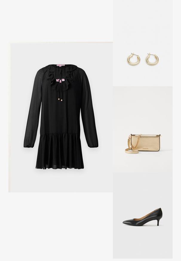 Vestido preto com mangas longas, decote franzido, detalhe de laço e bainha rodada. Feito de um tecido leve com uma textura suave.; Sapato de salto alto em pele preta com bico fino, salto baixo e textura suave. Apresenta uma ligeira abertura na parte da frente e mínima ferragem na parte de trás.; Clutch de couro dourado metálico com um acabamento texturizado, apresentando uma alça de corrente dourada e uma alça de ombro removível. Logotipo da marca em relevo.; Lauren Ralph Lauren BASIC SMALL HOOP - Brincos - gold-coloured