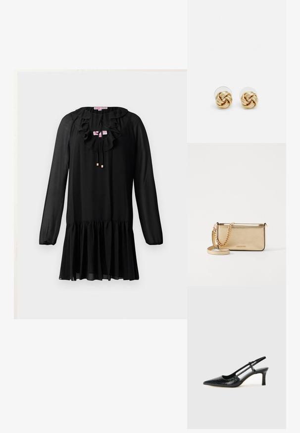 Black dress with long sleeves, ruffled neckline, tie detail, and a flared hem. Made of lightweight fabric with a soft texture.; Black patent slingback heel with a pointed toe, featuring textured snake print, adjustable strap, and a short, textured block heel.; Metallic gold leather clutch with a textured finish, featuring a gold chain strap and a removable shoulder strap. Brand logo embossed.; Gold-tone knot stud earrings with a twisted design. Each earring features a circular clear backing for secure wear.