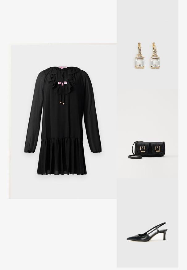 Black dress with long sleeves, ruffled neckline, tie detail, and a flared hem. Made of lightweight fabric with a soft texture.; Black patent slingback heel with a pointed toe, featuring textured snake print, adjustable strap, and a short, textured block heel.; Black leather crossbody bag with two front pockets, gold buckles, zipper closure, and a slim strap. Textured surface and compact rectangular shape.; Gold-tone earrings featuring a rectangular, clear crystal dangling below a row of small, round clear accents. Sleek, modern design.