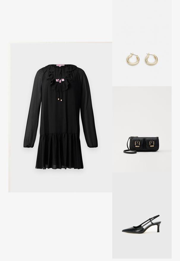 Abito nero con maniche lunghe, scollatura arricciata, dettaglio con nodo e orlo svasato. Realizzato in tessuto leggero con una consistenza morbida.; Slingback con tacco in vernice nera con punta affusolata, caratterizzato da una stampa a serpente testurizzata, cinturino regolabile e un tacco corto e testurizzato.; Borsa a tracolla nera in pelle con due tasche frontali, fibbie dorate, chiusura con zip e una tracolla sottile. Superficie texturizzata e forma rettangolare compatta.; Lauren Ralph Lauren BASIC SMALL HOOP - Orecchini - gold-coloured