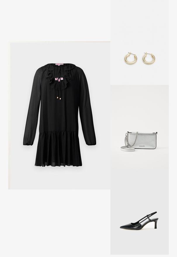 Vestido preto com mangas longas, decote franzido, detalhe de laço e bainha rodada. Feito de um tecido leve com uma textura suave.; Salto slingback em patente preta com bico apontado, apresentando um padrão de pele de cobra texturizado, tira ajustável e um salto bloco curto e texturizado.; Bolsa crossbody de couro prateada com um acabamento texturizado, detalhes em corrente e alça, e fecho de zíper. Apresenta um logotipo na parte da frente.; Lauren Ralph Lauren BASIC SMALL HOOP - Brincos - gold-coloured