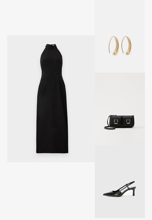 Czarna maxi sukienka bez rękawów z wysokim dekoltem i dopasowanym górnym krojem. Gładki materiał o delikatnym połysku i zamek błyskawiczny z tyłu.; Czarne lakierowane czółenka na obcasie typu slingback z wąskim noskiem, z teksturowanym wzorem wężowym, regulowanym paskiem oraz krótkim, teksturowanym obcasem w kształcie słupka.; Czarna skórzana torba na ramię z dwoma przednimi kieszeniami, złotymi klamrami, zamkiem błyskawicznym i cienkim paskiem. Teksturowana powierzchnia i kompaktowy prostokątny kształt.; Złote metalowe kolczyki w kształcie obręczy o zakrzywionym, wydłużonym kształcie. Posiadają gładką, błyszczącą powierzchnię oraz zaokrąglony koniec dla dodatkowego efektu.