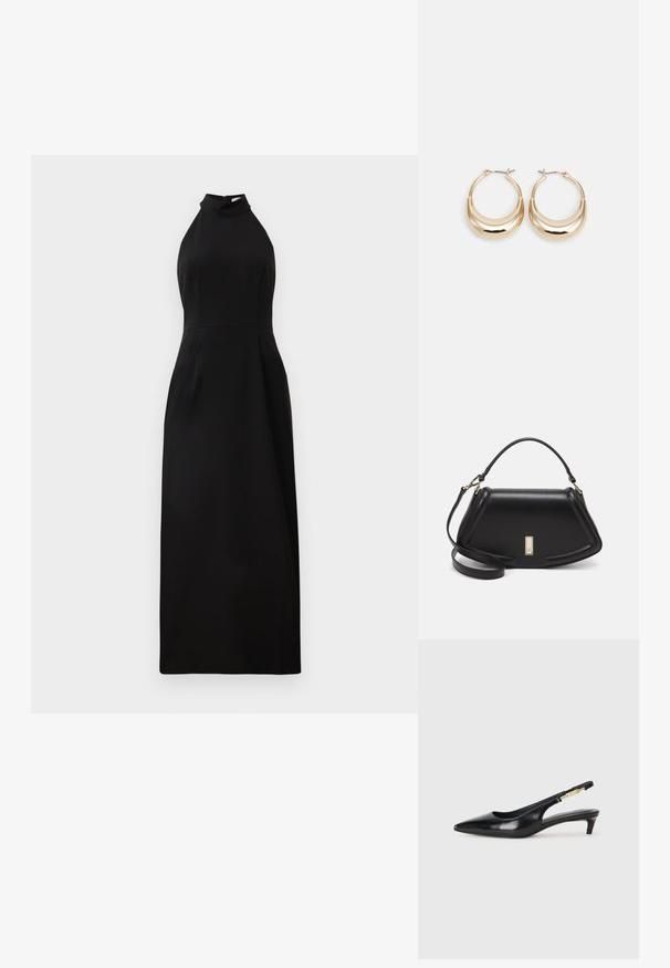 Ujjatlan fekete maxiruha magas nyakkivágással és testhez simuló felsőrésszel. Simára és enyhén fényes anyag, hátul cipzárral.; Fekete bőr slingback magassarkúk, hegyes orral, vékony sarkakkal és arany színű részlettel a állítható pánton. Simа felület.; Fekete bőr kézitáska, strukturált dizájnnal, rövidített formával, felső fogantyúval és arany színű kiegészítőkkel. Állítható vállpánt is tartozik hozzá.; Aranyszínű, félhold alakú fülbevalók, polírozott felülettel és zsanéros záródással. A sima textúra és a fényes felület fokozza a láthatóságot.