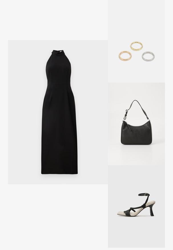 Černé maxi šaty bez rukávů s vysokým výstřihem a fitted korzetem. Hladká tkanina s jemným leskem a zipovým zapínáním na zadní straně.; Černé sandály na podpatku s pleteným designem pásku, čtveratou špičkou a nastavitelným páskem kolem kotníku. Světle béžová stélka s lesklým černým podpatkem.; Černá kožená kabelka s zakřiveným tvarem, s jedním popruhem, zipovým uzávěrem a decentním logem na přední straně. Hladká textura, minimalistický design.; Tři kovové prsteny: jeden růžově zlatý, jeden zlatý s texturovanými detaily a jeden stříbrný, všechny s vyrytým brandingem na vnitřním boku.