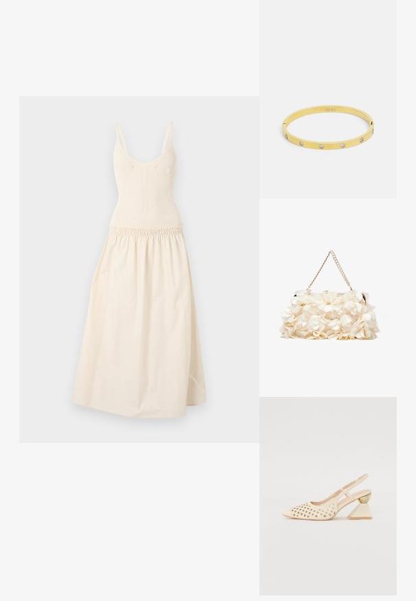 Gebreide crèmekleurige jurk met verstelbare bandjes, figuurvormend lijfje en een gathered taille die uitkomt op een uitlopende rok. Glad textuur, minimalistisch ontwerp.; Beige slingback schoen met geperforeerde bovenkant, puntige neus en een contrasterende driehoekige hak met een gouden accent. Over het algemeen een gladde textuur.; Witte bloemenhandtas met een gatherend stoffen oppervlak, gouden kettingriem en metalen sluiting. Heeft textuur op de bloemblaadjes voor extra detail.; Gouden bangle-armband heeft een glad, slank ontwerp met vijf heldere rhinestones die gelijkmatig over de band zijn verdeeld. Gegoten logo erin.