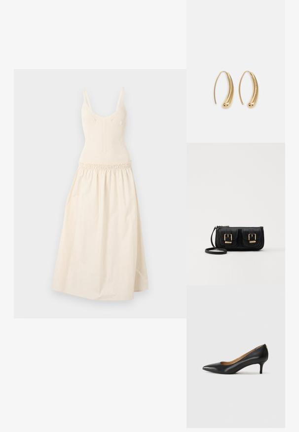 Kootud kreemjas kleit reguleeritavate rihmadega, keha lähedalt istuv kehaosa ning kogutud talje, mis viib laieneva seeliku juurde. Sile tekstuur, minimalistlik disain.; Must musta musta, millel on terav nina, madal konts ja sile tekstuur. Omab pisut avatud osa ees ja minimaalset riistvara taga.; Must küllastamata nahast õlakott, millel on kaks esist nähtavat taskut, kuldsed pandlad, tõmblukuga sulgemine ja peen rihm. Tekstuuriga pind ja kompaktne ristkülikukujuline kuju.; Kuldtoonilised metallist rõngas kõrvarõngad, millel on kõver ja piklik kuju. Omavad siledat, läikivat pinda ja ümarat tipptugevdust, mis lisab detaili.