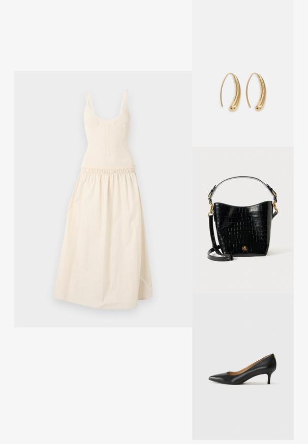 Klädd i en krämfärgad stickad klänning med justerbara axelremmar, figurnära bodice och samlad midja som leder till en utsvängd kjol. Slät textur, minimalistisk design.; Svart läderpumps med spetsig tå, låg klack och slät yta. Har en liten öppning framtill och minimal hårdvara bak.; Svart krokodilpräglad läderväska med en bågformad design, guldfärgade detaljer, en justerbar rem och en logodetalj framtill.; Guldtonade metallörhängen i en kurvad, avlång form. Har en slät, glänsande yta och en rundad spets för en extra detalj.