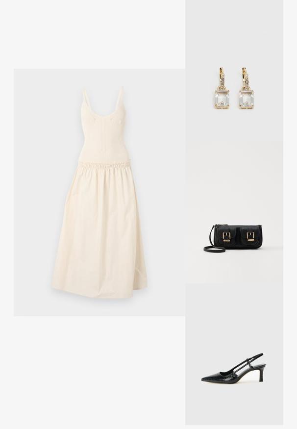 Strickkleid in Creme mit verstellbaren Trägern, figurbetontem Oberteil und geraffter Taille, die in einen ausgestellten Rock übergeht. Glatte Textur, minimalistisches Design.; Schwarze Lack-Slingback-Pumps mit spitzem Zehenbereich, versehen mit strukturiertem Schlangenprint, verstellbarem Riemen und einem kurzen, strukturierten Blockabsatz.; Schwarze Leder-Umhängetasche mit zwei vorderen Taschen, goldenen Schnallen, Reißverschluss und einem schmalen Tragegurt. Texturierte Oberfläche und kompakte rechteckige Form.; Ohrringe in Goldfarbe mit einem rechteckigen, durchsichtigen Kristall, der unter einer Reihe kleiner, runder klarer Akzente hängt. Elegantes, modernes Design.
