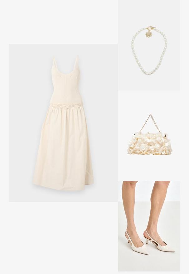 Gebreide crèmekleurige jurk met verstelbare bandjes, figuurvormend lijfje en een gathered taille die uitkomt op een uitlopende rok. Glad textuur, minimalistisch ontwerp.; Beige gepatineerde leren slingback hakken met een spitze neus en een hak van 5 cm, met uitsparingen aan de zijkanten en een dunne enkelband.; Witte bloemenhandtas met een gatherend stoffen oppervlak, gouden kettingriem en metalen sluiting. Heeft textuur op de bloemblaadjes voor extra detail.; Lauren Ralph Lauren COLLAR - Ketting - gold-coloured/white