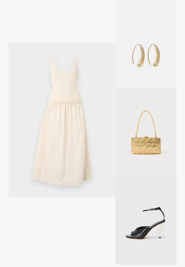 Robe en tricot crème avec des bretelles ajustables, corsage ajusté et taille froncée menant à une jupe évasée. Texture lisse, design minimaliste.; Sandale à talon haut en cuir noir avec bout ouvert, design asymétrique, bride de cheville et talon en forme de cône métallique. Texture lisse sur toute la surface.; Pochette en sequins dorés de forme rectangulaire, dotée d'une poignée en chaîne torsadée et d'une fermeture à fermoir en métal, réfléchissant la lumière avec une finition texturée.; Boucles d'oreilles en métal doré en forme d'anneau, avec une forme courbée et allongée. Elles présentent une surface lisse et brillante avec une pointe arrondie pour un détail supplémentaire.