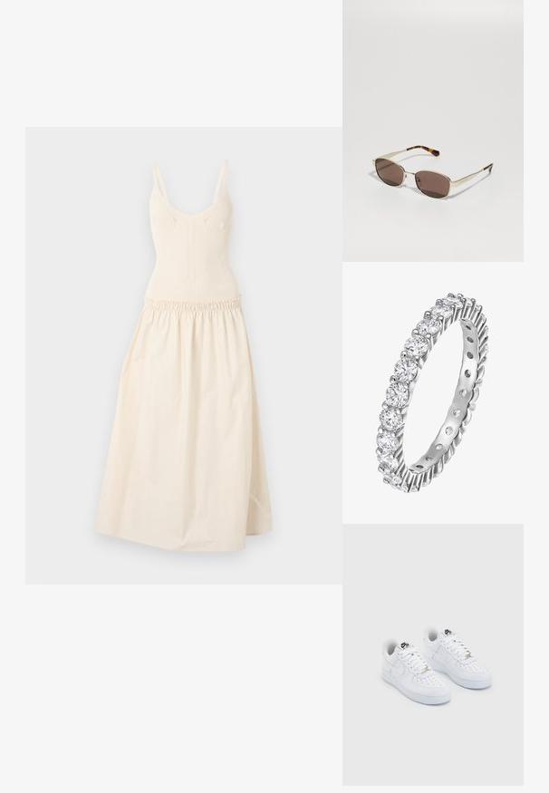 Rochie tricotată crem cu bretele ajustabile, corp mulat și talie gathered care se continuă cu o fustă evazată. Textură netedă, design minimalist.; Sneakers Nike Air Force 1 albe, cu un superior din piele netedă, cutie pentru vârful perforată, șireturi albe și elemente de branding negre pe limbă.; Ochelari de soare cu nuanță de maro, cu un cadru din metal aurit, lentile dreptunghiulare și vârfuri pentru temple cu model țestoasă.; Inel Eternity din argint lustruit, având o serie de pietre rotunde din zirconiu cubic clar, montate în setări cu gheare, evidențiind un design continuu.