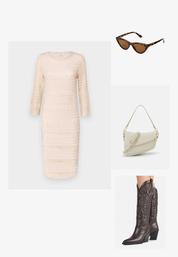 Bež heegeldatud kleit kolmeveerandvarrukatega, millel on mustriline disain, lõikega detailid ja laineline äär.; Pruunid nahast cowboy saapad terava varbaga ja plokk-kandaga, millel on detailne tikand ja kergelt tõstetud aktsendid varrel.; Kassi vormiga prillid musta ja oranži kilpkonnakujulise raami, pruunide läätsede ja elegantsete teravate otstega. Templi juures on minimaalne logo.; Väike kreemjas käekott tekstureeritud viimistlusega, pikendatav rihm, ketiläbimõõt ja klapiga sulgemine. Kuldsed metalldetailid.