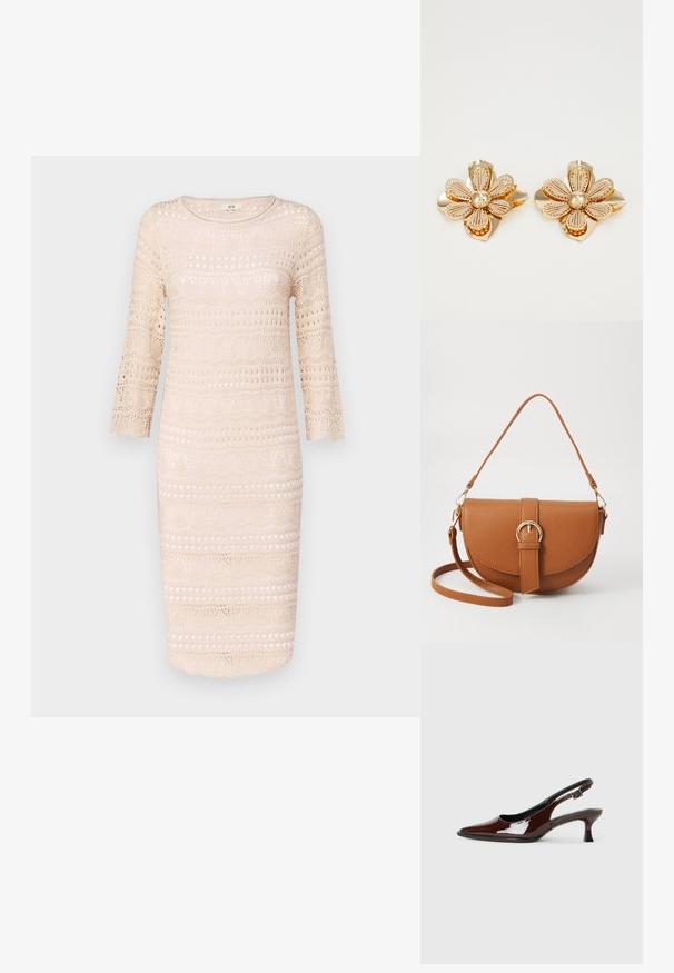 Beige virkattu mekko, jossa on kolmivartiset hihat, ja joka sisältää kuviollisen suunnittelun, leikattuja yksityiskohtia sekä hametta, jolla on aallotettu reuna.; Ruske patentin nahkalijatke sa špicastim nosom i umjerenom petom. Sadrže remen s kopčom za sigurno pristajanje. Glatka tekstura.; Ruskean nahkainen olkalaukku, jossa on kaareva muoto, kultaiset yksityiskohdat ja solkiyksityiskohta. Varustettu irrotettavalla olkahihnalla.; Kultaiset kukka korvakorut, joissa on kerroksellisia terälehtiä, joissa on hienostunut yksityiskohtaisuus ja keskellä helmi. Muotoilussa on teksturoitu pinta ja kiiltävä ilme.