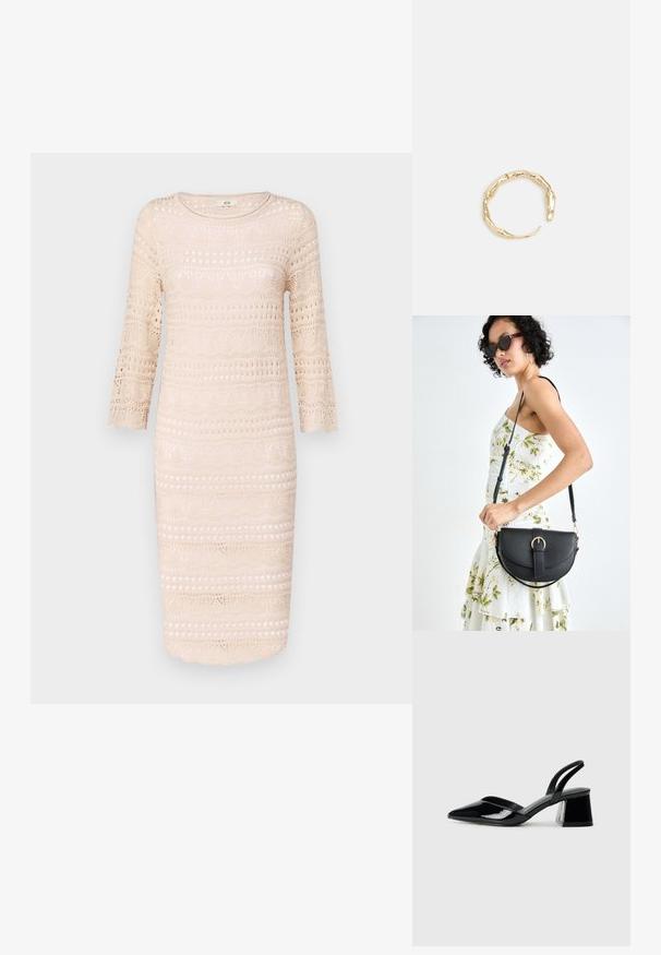 Bež heegeldatud kleit kolmeveerandvarrukatega, millel on mustriline disain, lõikega detailid ja laineline äär.; Mustad musta lakknahk kingad, millel on terav varvas ja geomeetriline plokkkonts. Omab elegantselt minimalistlikku disaini ja sujuvat tekstuuri.; Mustmust mustraha kõverate joontega, eemaldatava rihmaga ja kuldsete detailidega. Kotil on klapp, millel on pandladetail.; Kuldtoonis sõrmus, millel on orgaaniline, keerdunud disain sileda tekstuuri ja kitsenevate otstega, luues kaasaegse skulptuurilise välimuse.