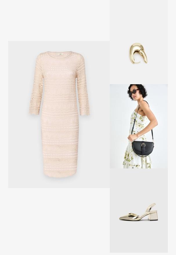 Bežna čipkana obleka s tremi četrtinami rokavov, ki ima vzorčasto zasnovo s izrezovanjem in valovitim robom.; Zlati, kovinski slingback čeveljci z ostrim nosom in masivnim peto. Gladka tekstura, minimalistična zasnova in ozka zanka.; Črna usnjena torbica s ukrivljeno obliko, z odstranljivo naramnico in zlatimi dodatki. Torbica ima pokrov s podrobnostmi v obliki zaponke.; Uhane nakit iz zlatastega tona z gladko, ukrivljeno zasnovo. Ima edinstveno koničasto obliko, polirano površino in zaponko s tečajem.