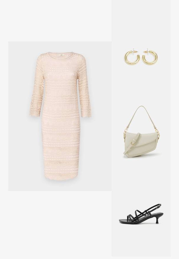 Bežs tamborēts kleita ar trīs ceturtdaļu piedurknēm, kurai ir rakstu dizains ar izgriezumiem un viļņotu apakšmalu.; Melni papēžu sandales ar vairākiem krustveida siksnām. Gluda materiāla, norādīta purngala un šaura papēža. Regulējama potītes siksna ar sprādzīti.; Maza krēmkrāsas rokas soma ar teksturētu apdari, garu regulējamu siksniņu, ķēdes akcentu un vāciņa aizdari. Zelta aparatūras detaļas.; Zelta auskari ar gludu, spīdīgu apdari. Apaļš dizains, kas ietver mazu tapu un caurspīdīgu pamatni drošai valkāšanai.