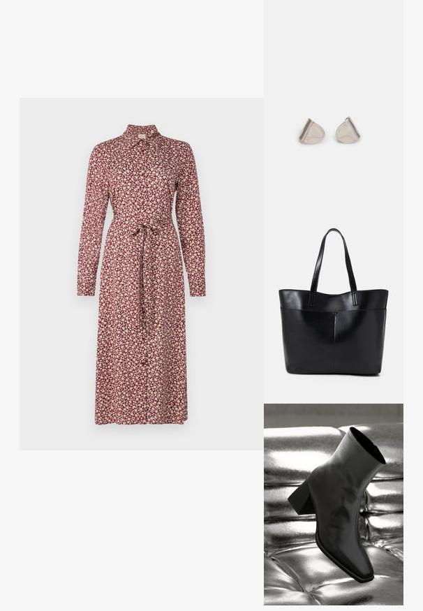 Haljina dugih rukava od burgundske tkanine s cvjetnim uzorkom u krem boji. Pojas oko struka i detalj na ovratniku. Glatka tekstura, midi dužina.; Crni gležnjača napravljena od sjajnog materijala sa četvrtastim vrhom i suženom petom, postavljena protiv srebrne sjajne pozadine sa nabranim uzorkom.; Crna kožna torba s dugim ručkama, glatkom teksturom i strukturiranim oblikom. Ima prednju džep za dodatno pohranu.; Srebrne metalne naušnice s glatkim, oblikom suze i poliranim završetkom. Suptilni utori dodaju detalje. Minimalistički dizajn.
