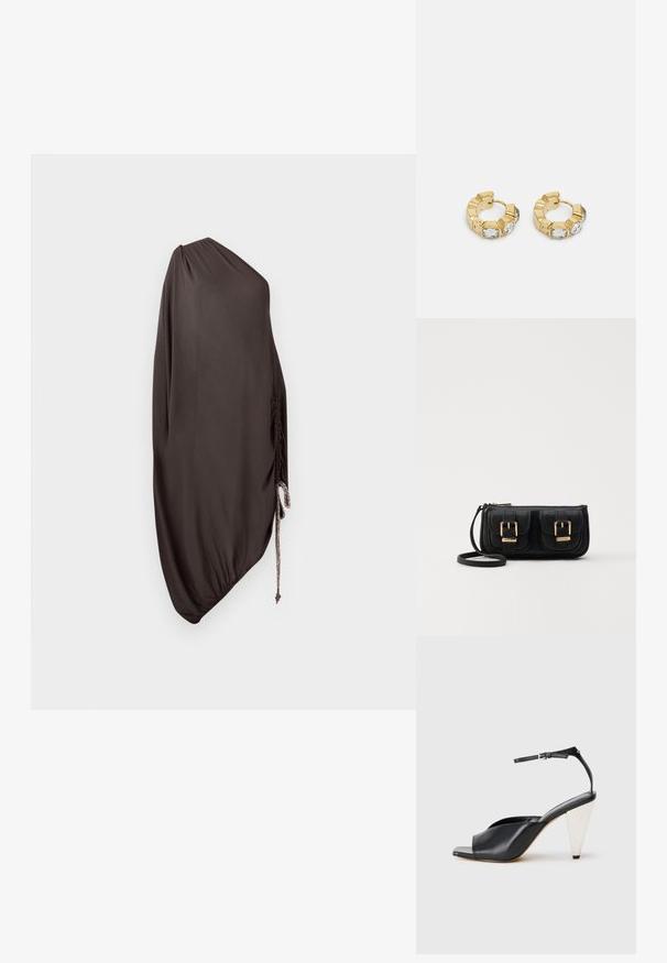 Asymmetrical brown fabric drape with a gathered side and drawstring detail, smooth texture, and minimalistic design.; Black leather high heel sandal with open toe, asymmetrical design, ankle strap, and a metallic cone-shaped heel. Smooth texture throughout.; Black leather crossbody bag with two front pockets, gold buckles, zipper closure, and a slim strap. Textured surface and compact rectangular shape.; Gold hoop earrings featuring a textured design with three clear crystal accents on one side, offering a modern geometric aesthetic.