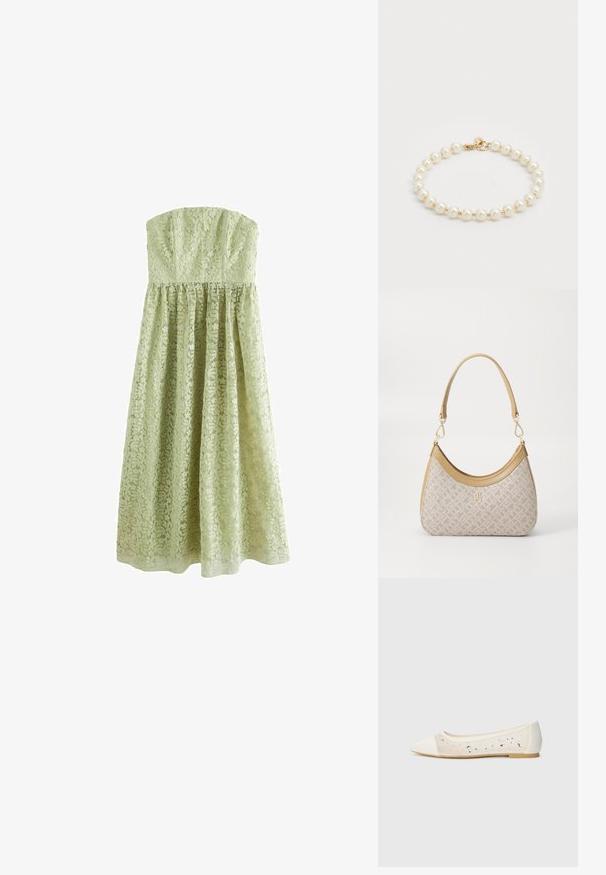 Next TALL - OCCASION BANDEAU - Robe de cocktail - sage green; Mocassins à bout pointu en cuir crème avec un dessus transparent ornés de strass dispersés. Semelle douce pour le confort, design minimaliste.; Sac à main en beige à motif, avec une forme incurvée, des accents en cuir et un logo en ton doré sur le devant. Il dispose d'une poignée courte pour un transport facile.; Bracelet en perles avec des perles rondes polies en blanc et fermoir doré. Texture lisse avec un design classique.