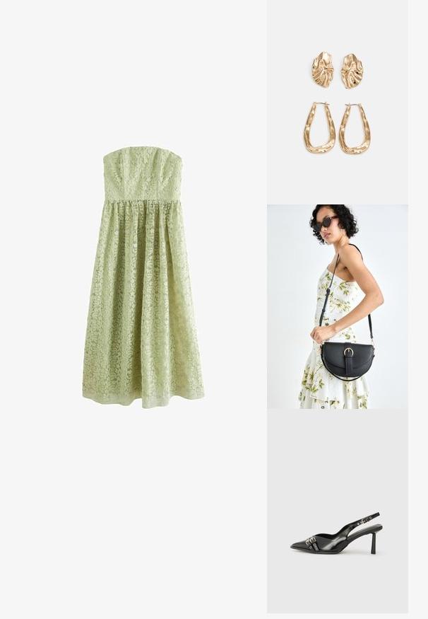 Next TALL - OCCASION BANDEAU - Pidulikud riided - sage green; Must musta nahk kingad sanga ja terava ninaga, ankle strapidega, millel on hõbedased pandlad ja riistvara ning õhuke konts.; Mustmust mustraha kõverate joontega, eemaldatava rihmaga ja kuldsete detailidega. Kotil on klapp, millel on pandladetail.; Kuldse värvi kõrvarõngad, mis on kaunistatud tekstuursete ja laineliste kujunditega. Komplektis on skulpturaalsed klamber kõrvarõngad ja avatud rõngasdisain, millel on lõhestatud viimistlus.