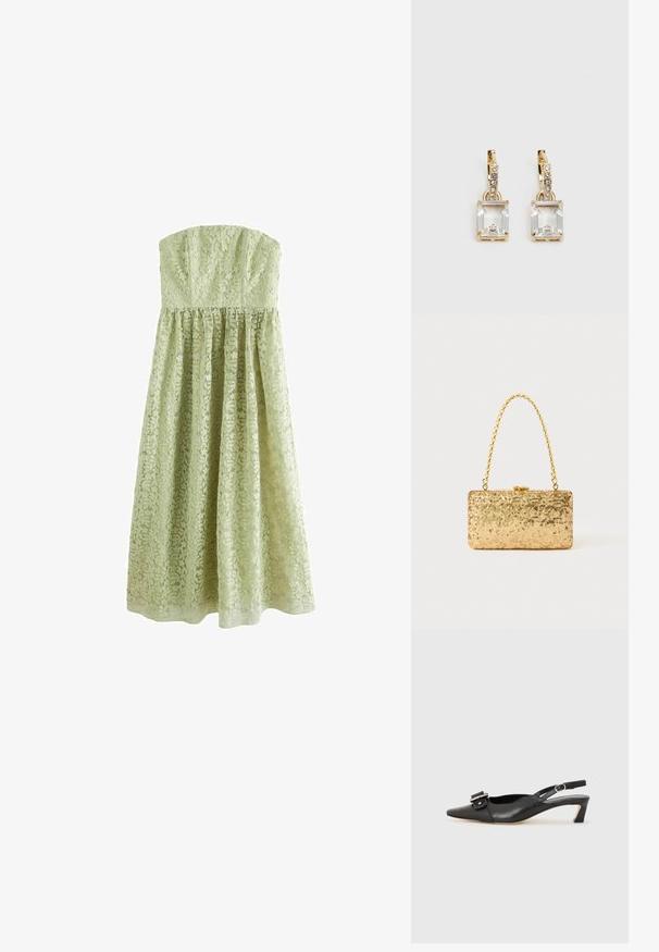 Next TALL - OCCASION BANDEAU - Îmbrăcăminte de ocazie - sage green; Pantofii negri din piele cu toc mic, vârf ascuțit și detaliu decorativ cu cataramă pe partea superioară. Textură netedă, design minimal.; Clutch din paiete aurii, cu o formă rectangulară, având un mâner din lanț croit și o închidere cu clapetă metalică, reflectând lumina cu un finisaj texturat.; Cercei aurii care prezintă un cristal clar, rectangular, suspendat sub un rând de accente mici, rotunde, clare. Design elegant și modern.