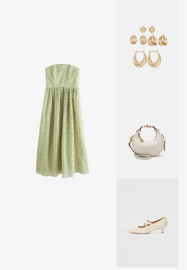 Next TALL - OCCASION BANDEAU - Pidulikud riided - sage green; Beige lakknahkse Mary Jane kingad kahe reguleeritava pandlaga, terava varbaga ja madala kontsaga. Sile tekstuur läikiva viimistlusega.; Kreemist nahast kott poolkuu kujuga, kullast riistvara, mustad aktsendid ja eemaldatav rihm. Omab kettidekoori ja sildiga. ; Kuldtoonides kõrvarõngaste komplekt, mis sisaldab kolm paari: tekstureeritud ovaalsed kinnised, lainelise disainiga kinnised ja suured rõngaskõrvarõngad, millel on kihilised sooned.